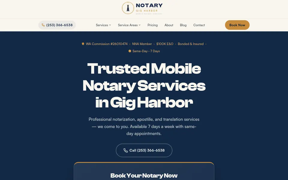 Notary Gig Harbor homepage, Mobile notary